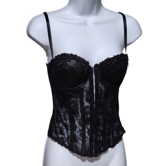 Vintage 80's 90's SHIRLEY Black Lace Sheer Corset Top 34 - Picture 1 of 5